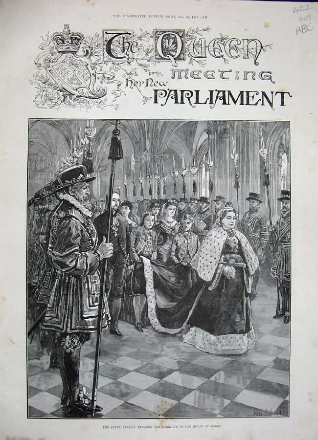 Old Antique Print 1886 Queen House Lords Parliament Members Commons Men 19th