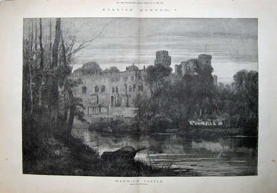Antique Old Print 1886 English Homes Warwick Castle Tower Moat Bear Tower 19th