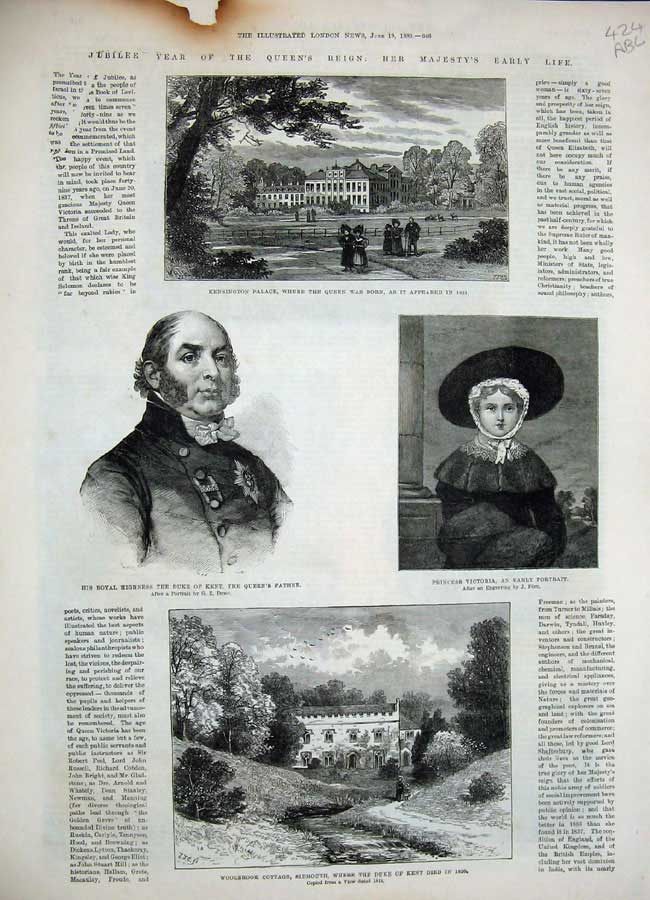 Antique Old Print 1886 Kensington Palace Duke Kent Queen Isle Wight James 19th