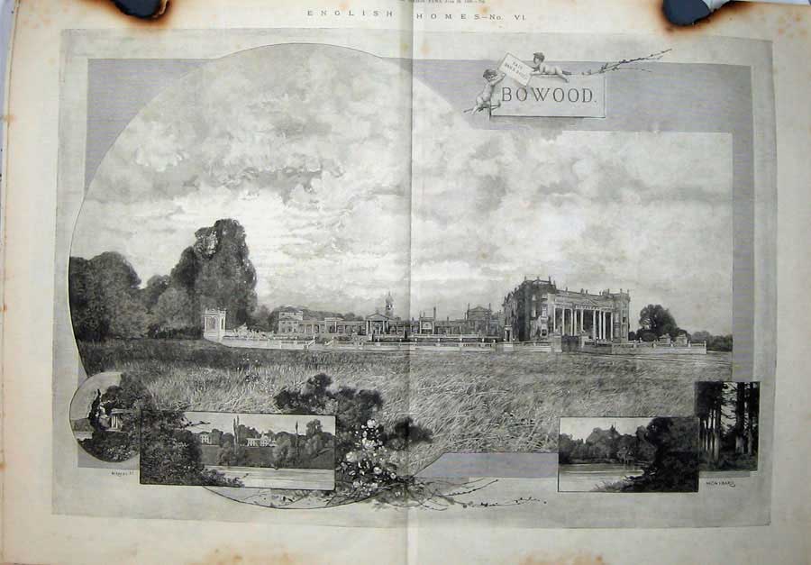 Old Antique Print 1886 English Homes Bowood Garden Cascade Lake Fine Art 19th