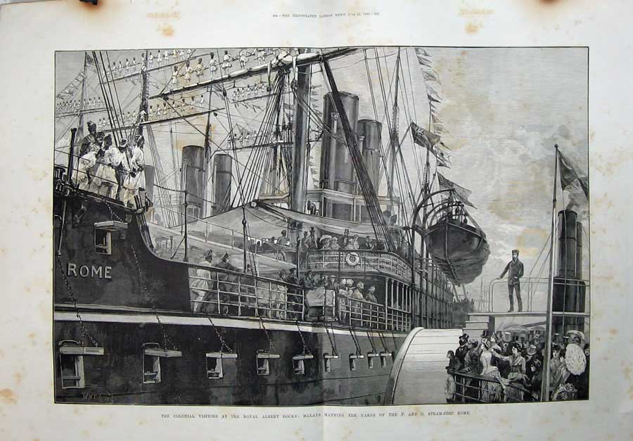 Old Antique Print 1886 Royal Albert Docks Malays Steam Ship Rome Overend 19th