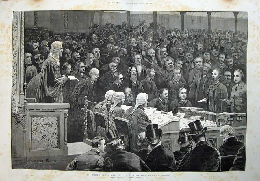 Old Antique Print 1886 House Commons Irish Home Rule Question Men Davis 19th