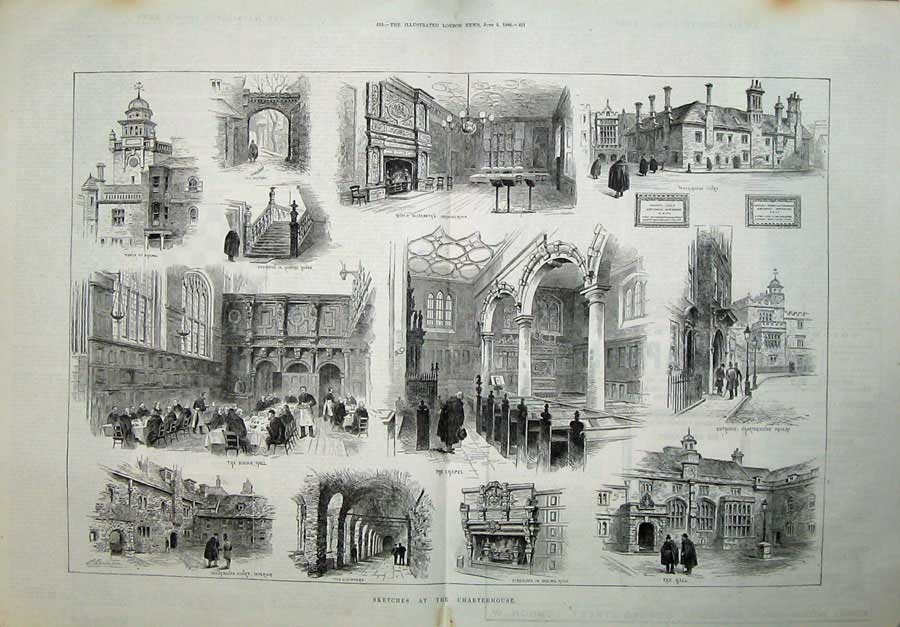 Original Old Antique Print 1886 Chaterhouse Cloisters Chapel Tower Wash-House