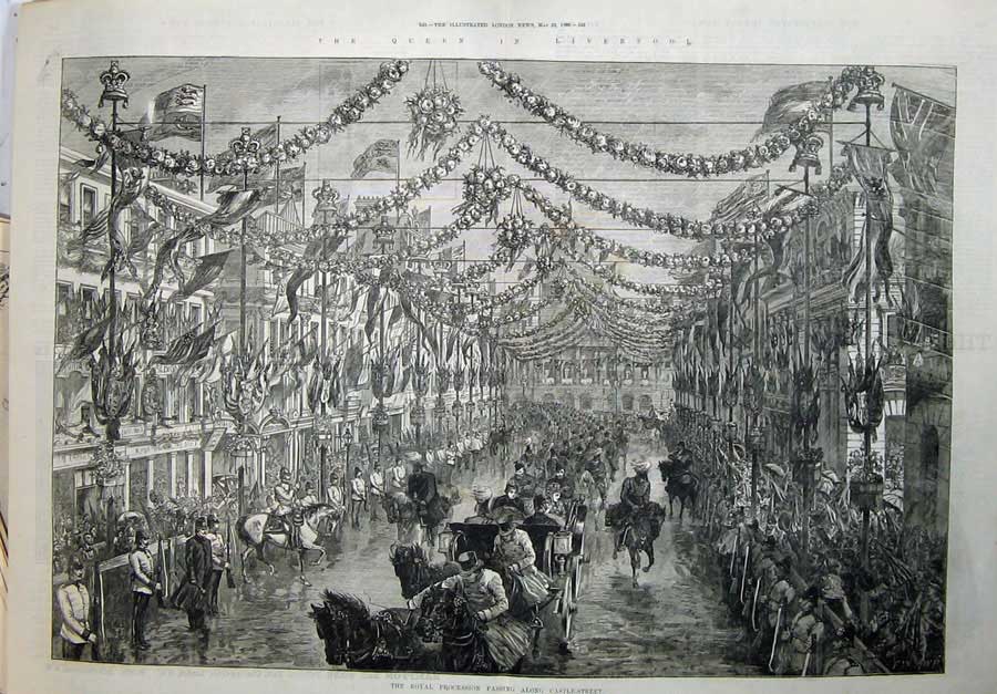 Antique Old Print 1886 Queen Liverpool Royal Procession Castle Street Art 19th