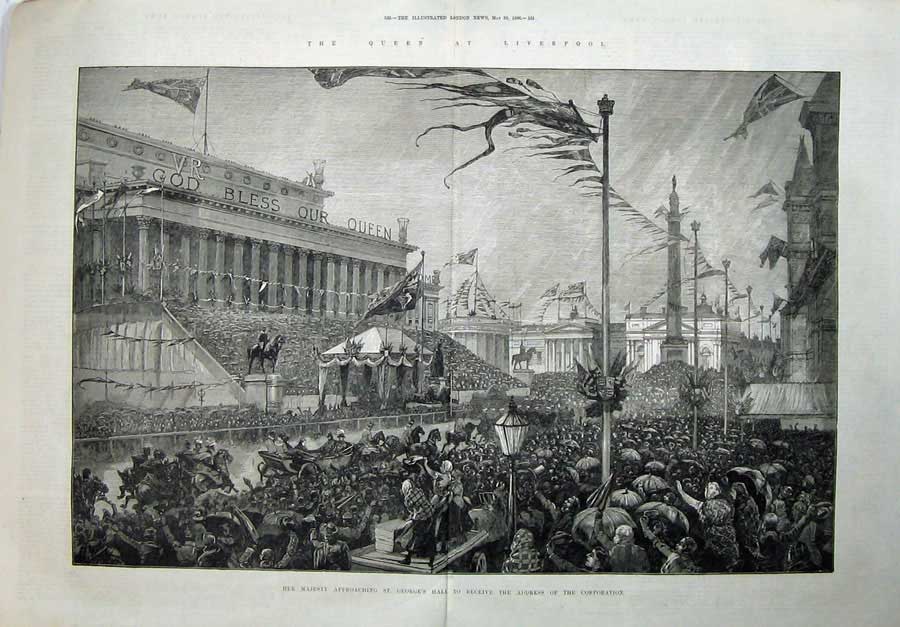 Old Antique Print 1886 Queen Liverpool St George'S Hall Buildings City 19th