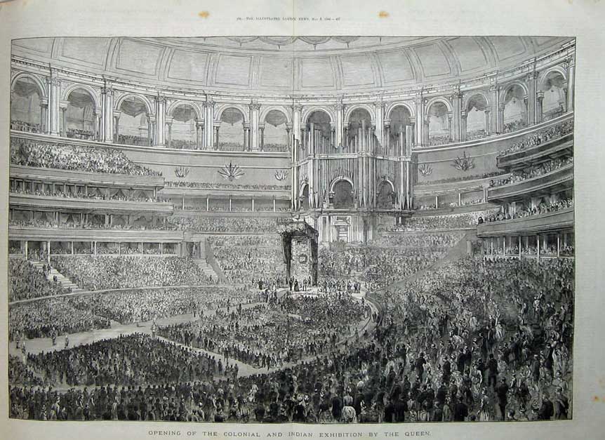 Old Antique Print 1886 Opening Colonial Indian Exhibition Queen Building 19th