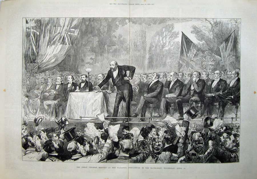 Old Antique Print 1886 Unionist Meeting Queens Opera House Haymarket Art 19th