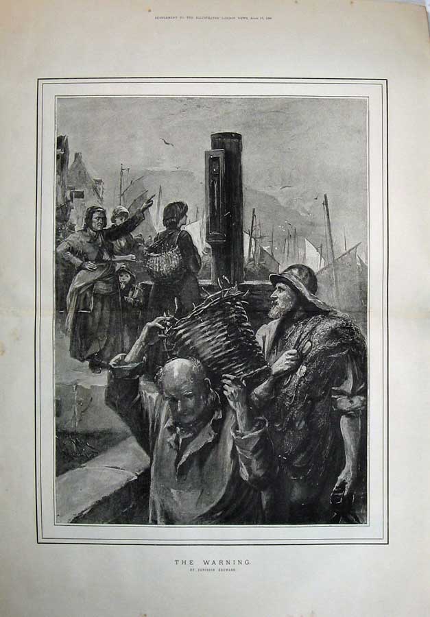 Old Antique Print 1886 Fine Art Davidson Knowles Fish Market Men Ships 19th