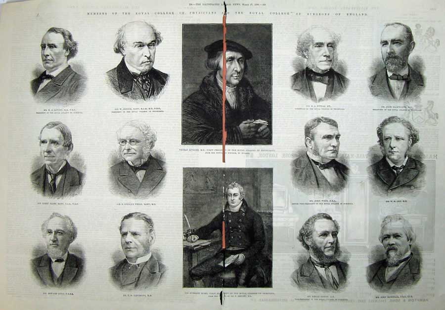 Old Antique Print 1886 Damaged Royal College Surgeons Physicians Members 19th