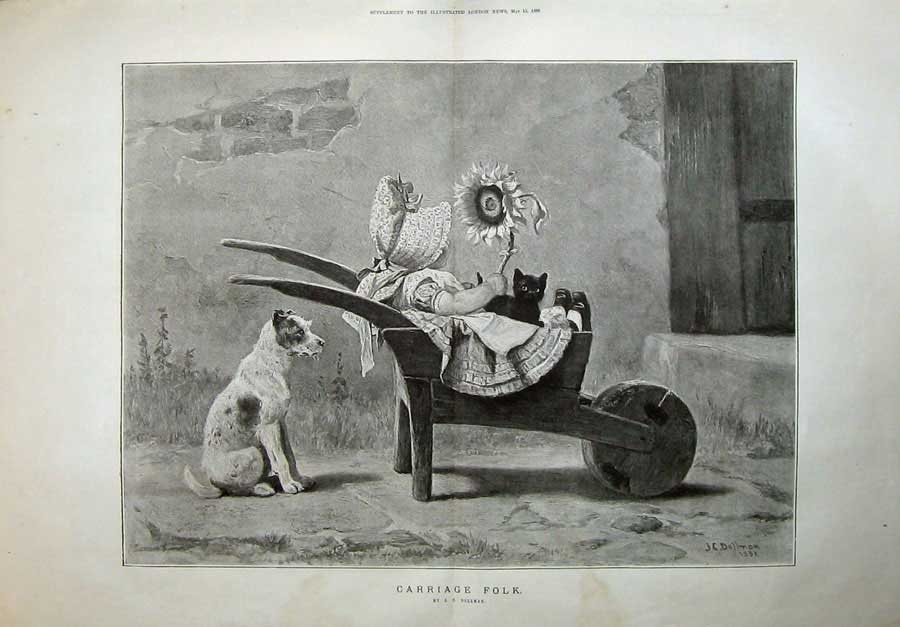 Old Antique Print 1886 Dollman Fine Art Little Girl Wheelbarrow Dog Cat 19th