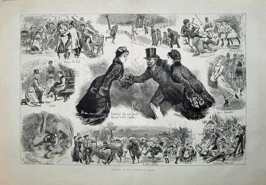 Antique Old Print 1886 Ice Skating Winter Canada Children People Fine Art 19th