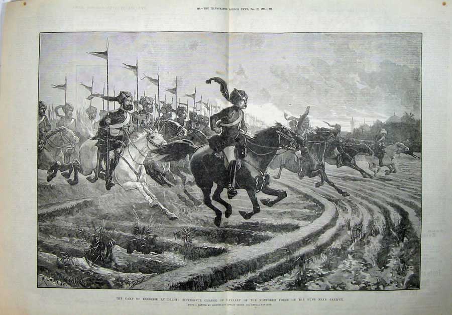 Antique Old Print 1886 Camp Exercise Delhi Charge Cavalry War Paniput Gun 19th