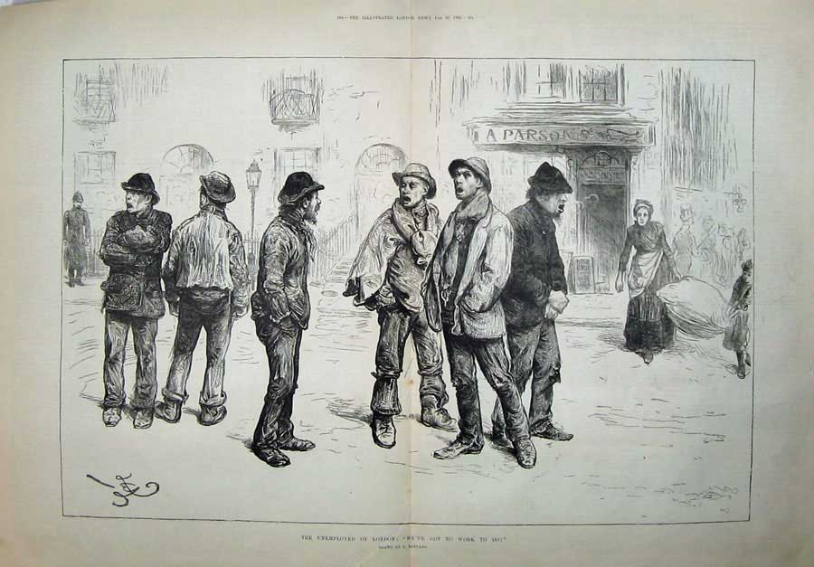 Original Old Antique Print 1886 Unemployed People London Street Barnard 19th