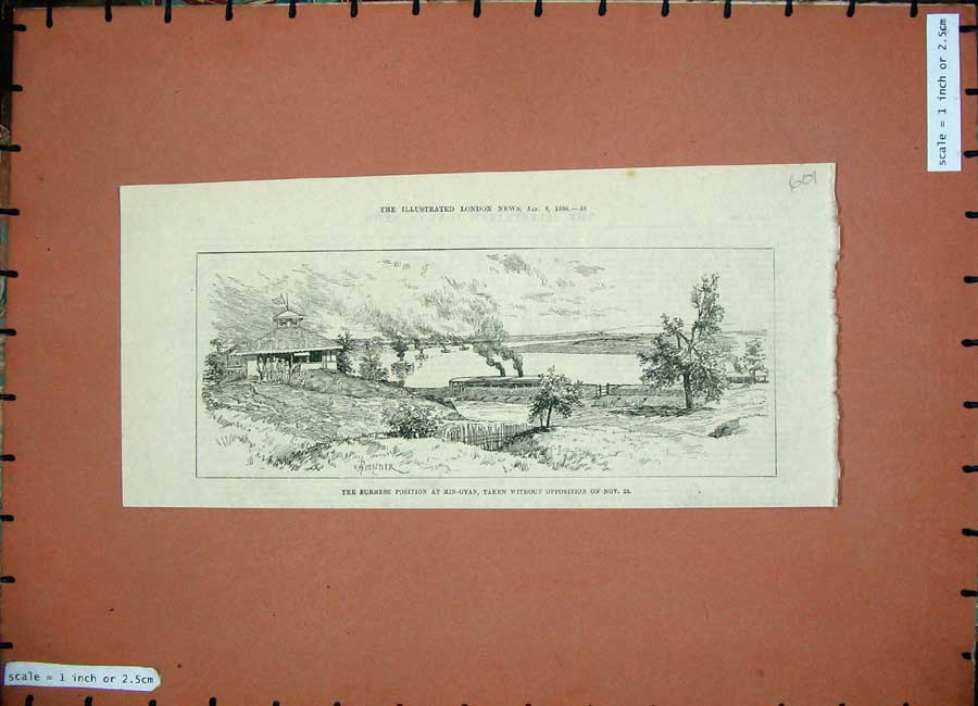 Original Old Antique Print 1886 Burmese Position Min-Gyan War Siers Victorian