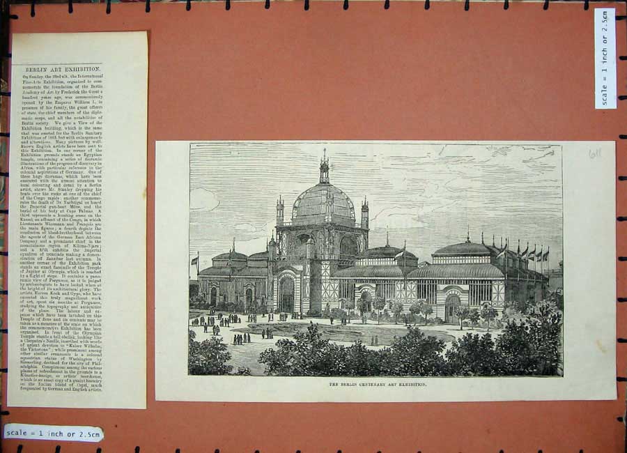 Original Old Antique Print 1886 View Berlin Centenary Art Exhibition Building