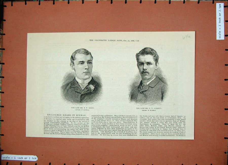 Original Old Antique Print 1886 Mr Allen Roberts Englsihmen Killed Burmah War