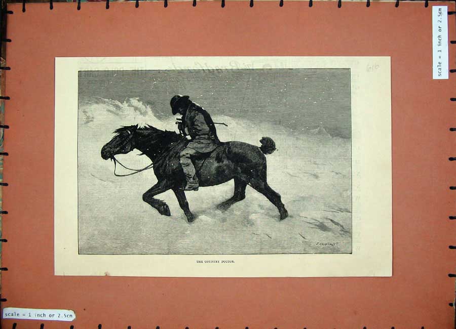 Original Old Antique Print 1886 Fine Art Country Doctor Man Horse Snow Winter
