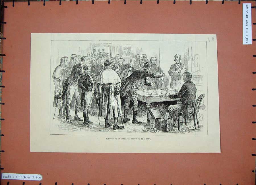 Old Antique Print 1886 Boycotting Ireland Men Refusing Rent Table People 19th