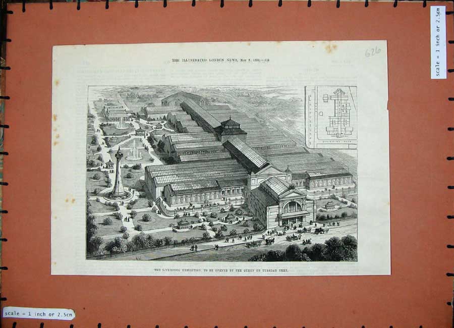 Old Antique Print 1886 Birds Eye View Liverpool Exhibition Buildings Plan 19th