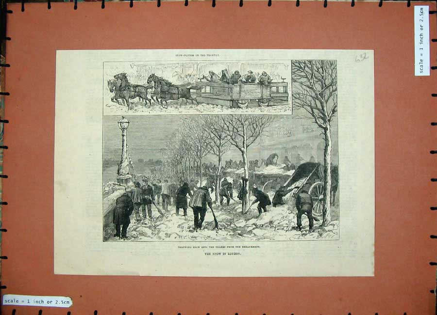 Old Antique Print 1886 Snow London Winter River Thames Embankment Horses 19th