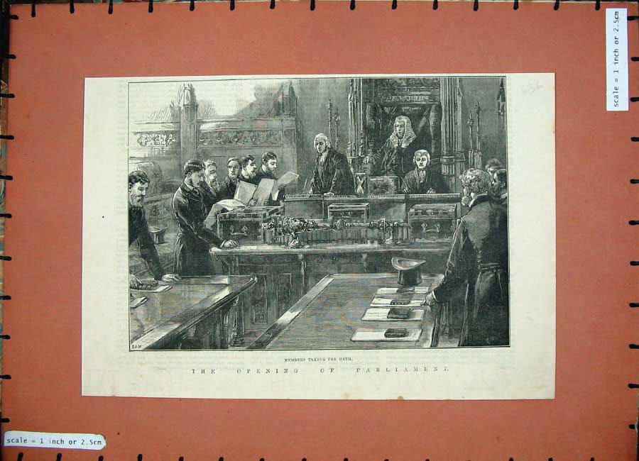 Original Old Antique Print 1886 Opening Parliament Members Oath Men House Lords