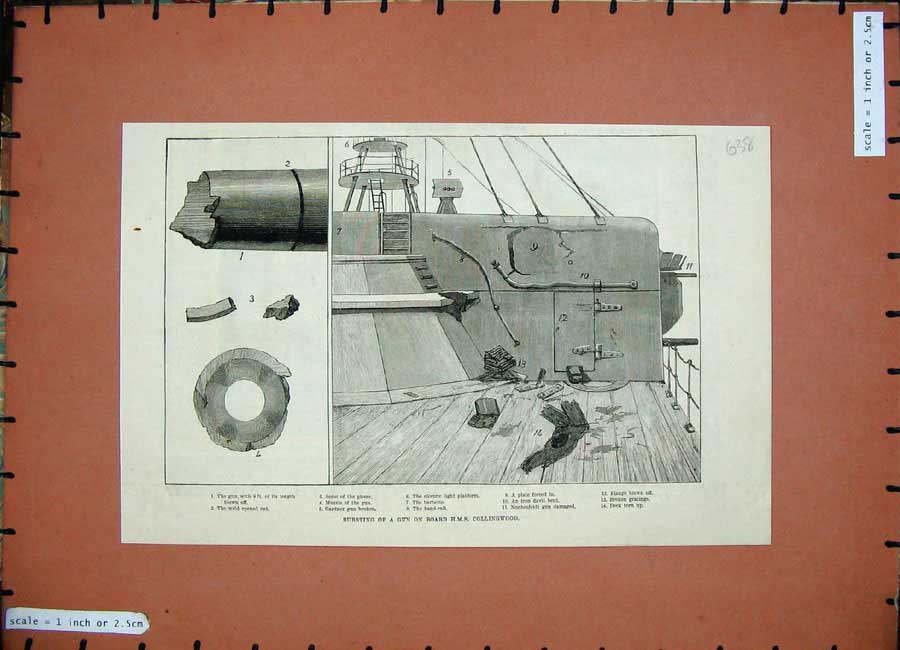 Old Antique Print 1886 Bursting Gun Deck Ship H.M.S Collingwood Canon War 19th