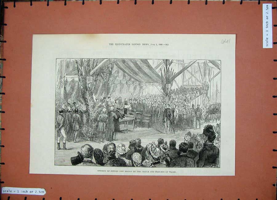 Original Old Antique Print 1886 Opening Putney New Bridge Prince Princess Wales
