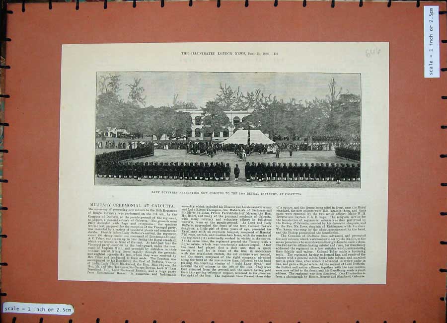 Original Old Antique Print 1886 Lady Dufferin Colours Bengal Infantry Calcutta