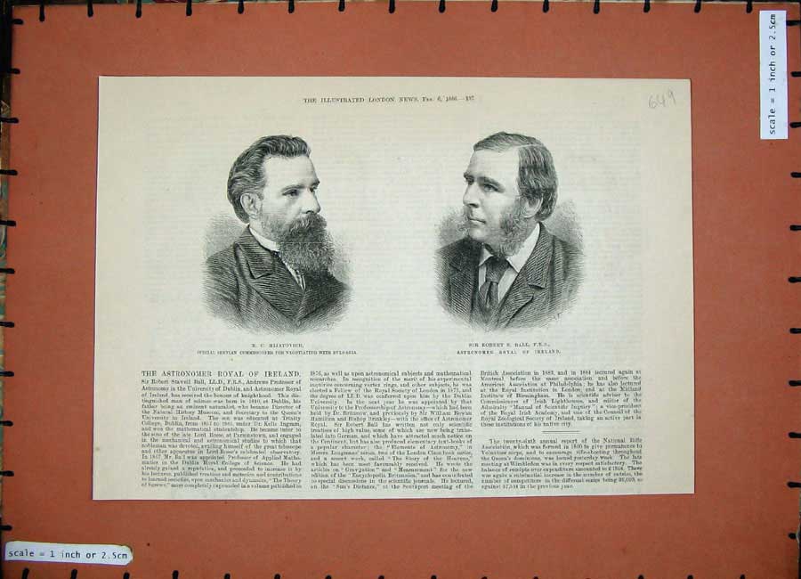 Old Antique Print 1886 Mijatovich Commissioner Sir Robert Ball Astronomer 19th