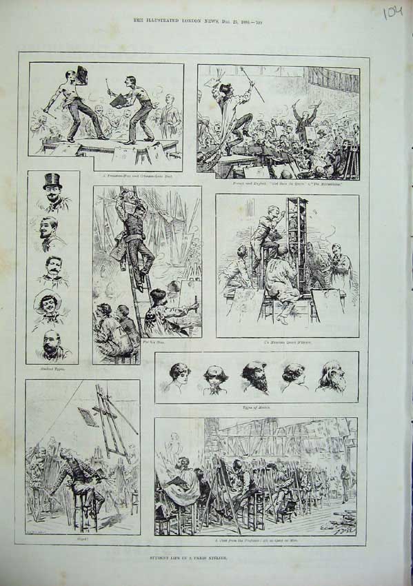Old Antique Print 1886 Drawing Student Life Paris Atelier Artist Models 19th