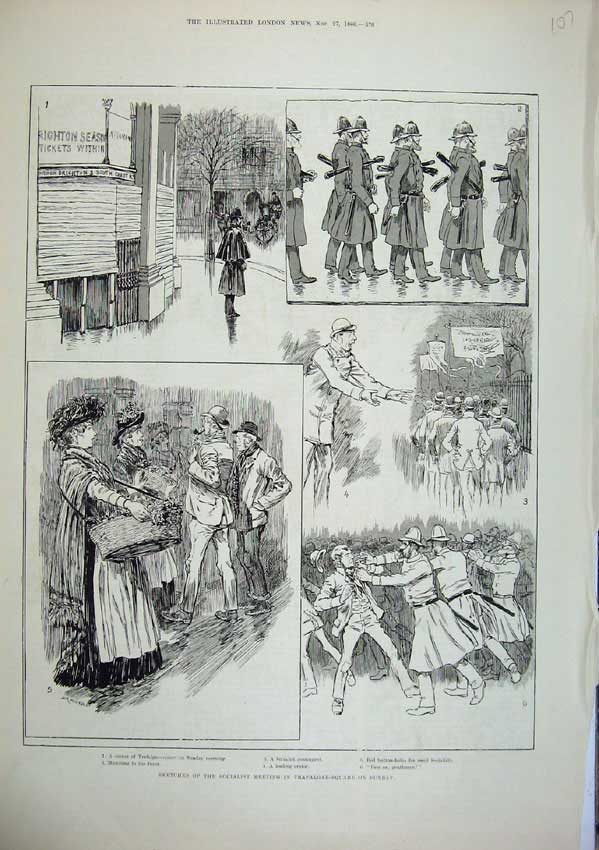 Old Antique Print 1886 Sketches Socialist Meeting Trafalgar-Square London 19th