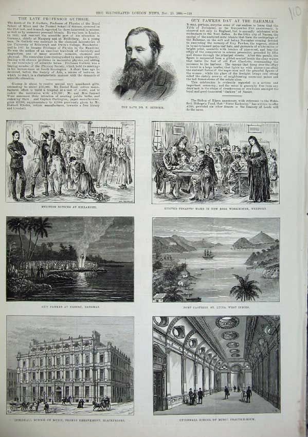 Old Antique Print 1886 Guthrie Guildhall Music Guy Fawkes Castries Lucia 19th