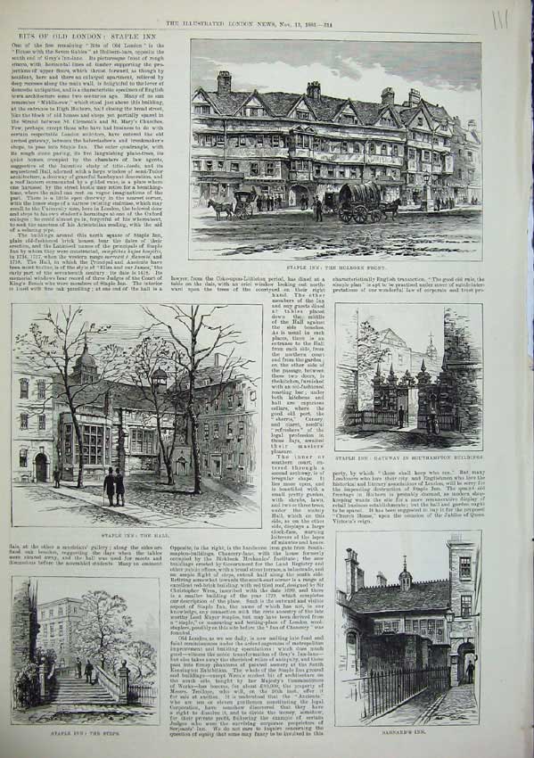 Original Old Antique Print 1886 London Staple Inn Gateway Holborn Barnard Steps