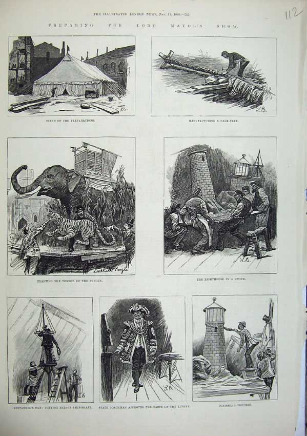 Original Old Antique Print 1886 Lord Mayor'S Show Elephant Lighthouse Palm Tree