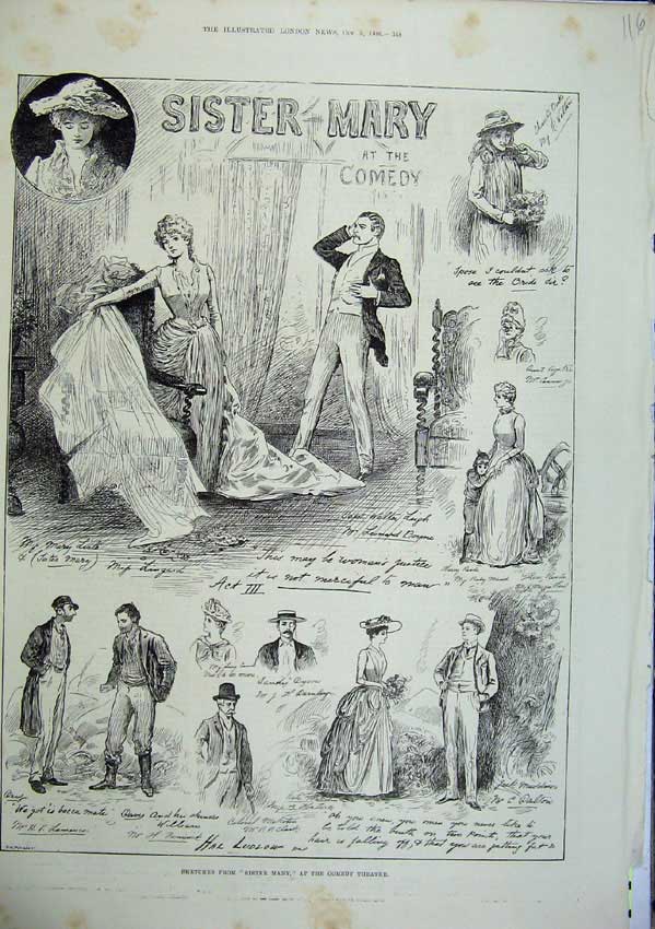 Old Antique Print 1886 Sister Mary Comedy Theatre Actors Men Women Sketch 19th