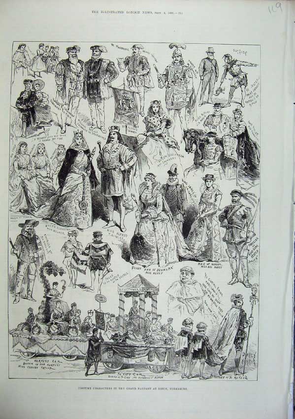Old Antique Print 1886 Costume Characters Grand Pageant Ripon Yorkshire 19th