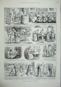 Old Antique Print 1886 Country House Tennis Dinner Billiards Piano Paint 19th