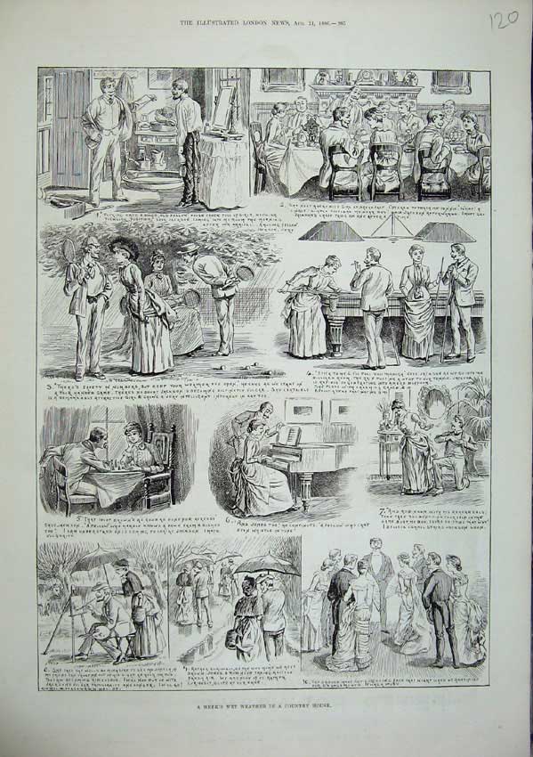 Old Antique Print 1886 Country House Tennis Dinner Billiards Piano Paint 19th