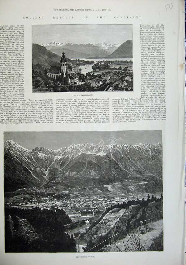 Original Old Antique Print 1886 View Thun Switzerland Innsbruck Tyrol Fine Art