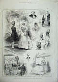 Original Old Antique Print 1886 Ball Colonial Indian Guildhall Dance Men Women