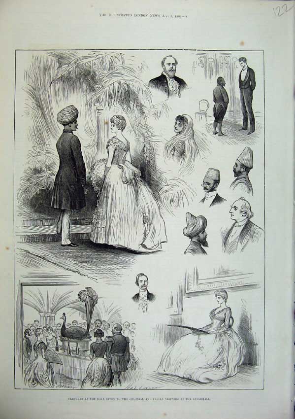 Original Old Antique Print 1886 Ball Colonial Indian Guildhall Dance Men Women
