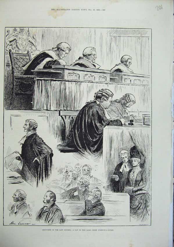 Original Old Antique Print 1886 Sketches Law Courts Lord Chief Justice Ludlow