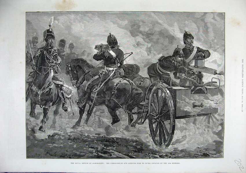 Old Antique Print 1886 Fine Art Review Aldershott Nordenfeldt Gun Horses 19th