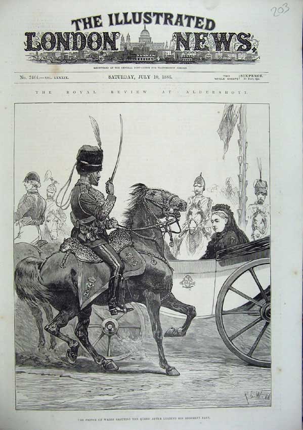 Old Antique Print 1886 Aldershott Prince Wales Horse Queen Carriage War 19th
