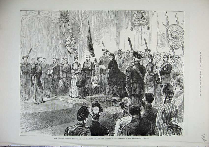 Original Old Antique Print 1886 Queen Edinburgh Exhibition Building Scotland