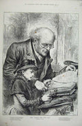 Original Old Antique Print 1886 Swain Sketch Man Little Girl Reading Bible 19th