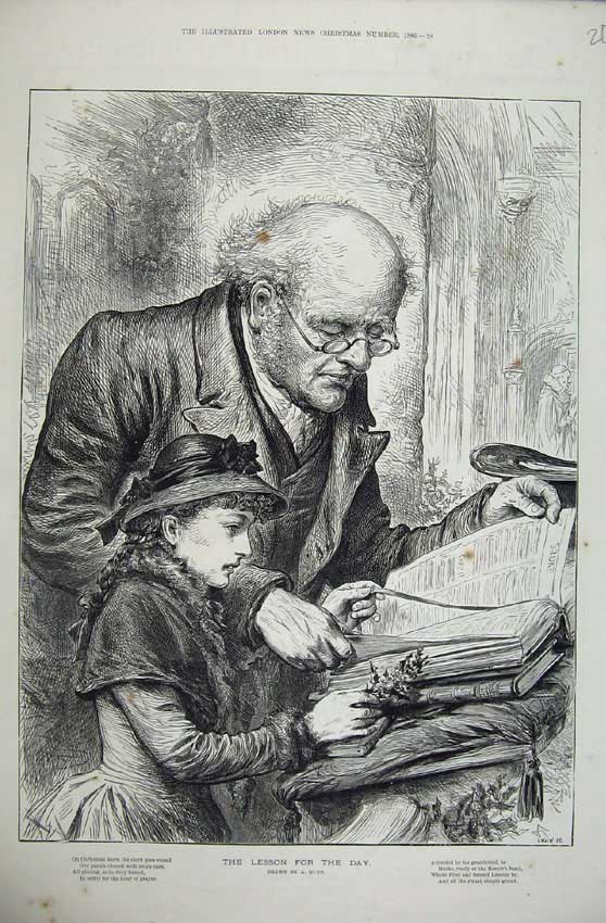 Original Old Antique Print 1886 Swain Sketch Man Little Girl Reading Bible 19th