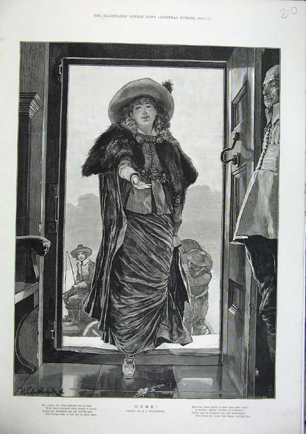 Original Old Antique Print 1886 Fine Art Woodville Beautiful Woman Home House