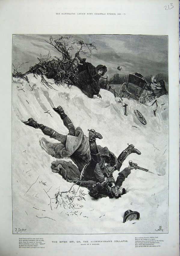 Old Antique Print 1886 Barnard Men Fighting Snow Winter Coach Crash Art 19th