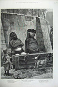 Original Old Antique Print 1886 Woodville Fine Art Men Stocks Dog Little Girl